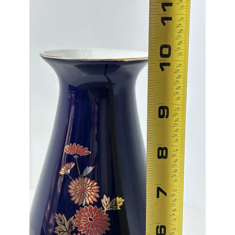 Japanese Cobalt Blue Porcelain Flower Floral Vase W/Gold‎ & Silver Leaf 10